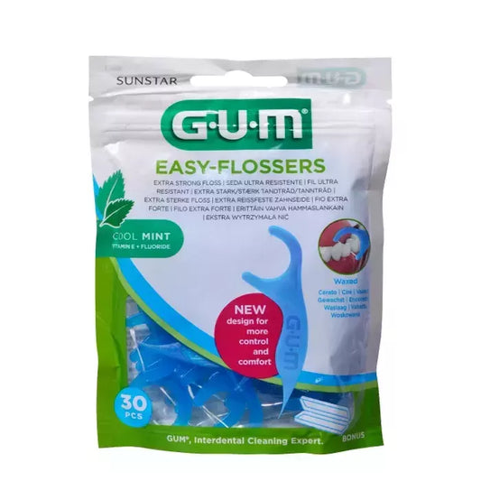 Gum Sunstar Easy Flossers tarpdančių siūlas su gaiviu mėtų skoniu, vitaminu E ir fluoru, 30 vnt.