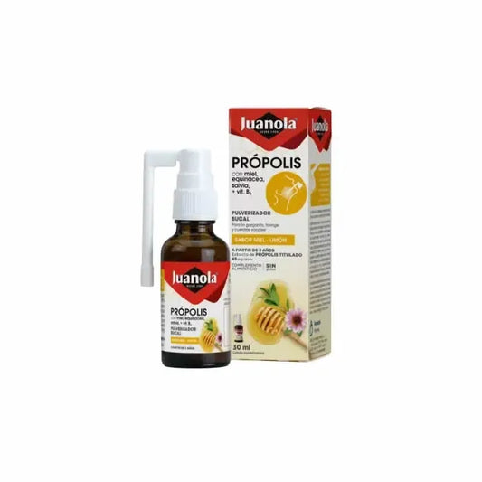 Juanola burnos purškalas su propoliu, medumi, ežiuole, šalaviju ir vitaminu B3, 30 ml